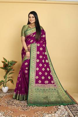 Purple Dola Art Silk Saree with Zari & Thread Woven Motifs and Green Contrast Border by Maharanga 1