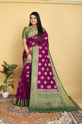 Purple Dola Art Silk Saree with Zari & Thread Woven Motifs and Green Contrast Border by Maharanga