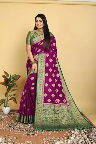 Purple Dola Art Silk Saree with Zari & Thread Woven Motifs and Green Contrast Border by Maharanga