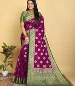 Purple Dola Art Silk Saree with Zari & Thread Woven Motifs and Green Contrast Border by Maharanga