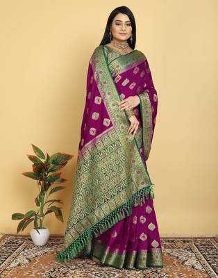 Purple Dola Art Silk Saree with Zari & Thread Woven Motifs and Green Contrast Border by Maharanga 2