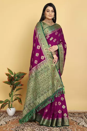 Purple Dola Art Silk Saree with Zari & Thread Woven Motifs and Green Contrast Border by Maharanga
