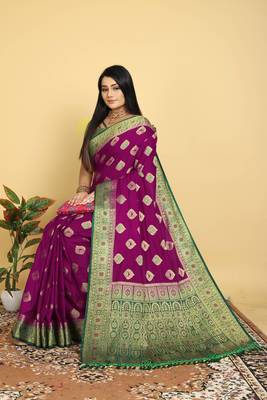 Purple Dola Art Silk Saree with Zari & Thread Woven Motifs and Green Contrast Border by Maharanga 3