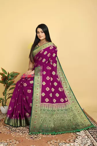 Purple Dola Art Silk Saree with Zari & Thread Woven Motifs and Green Contrast Border by Maharanga