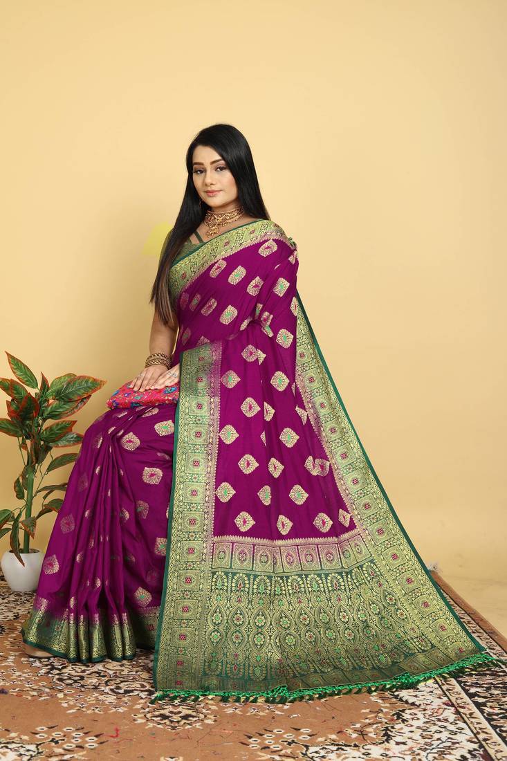 Purple Dola Art Silk Saree with Zari & Thread Woven Motifs and Green Contrast Border by Maharanga