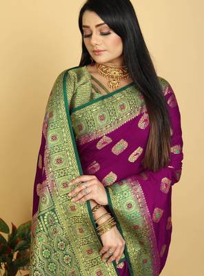 Purple Dola Art Silk Saree with Zari & Thread Woven Motifs and Green Contrast Border by Maharanga 4
