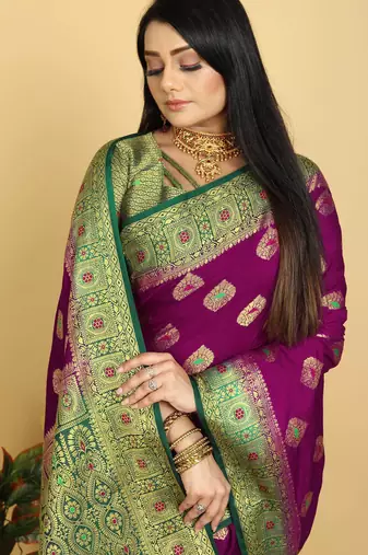 Purple Dola Art Silk Saree with Zari & Thread Woven Motifs and Green Contrast Border by Maharanga