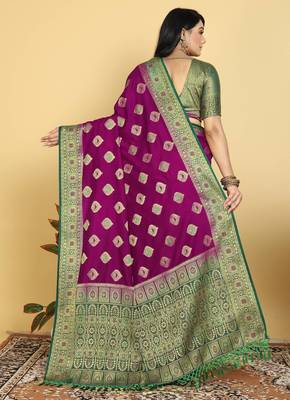 Purple Dola Art Silk Saree with Zari & Thread Woven Motifs and Green Contrast Border by Maharanga 5