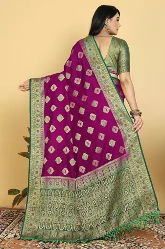 Purple Dola Art Silk Saree with Zari & Thread Woven Motifs and Green Contrast Border by Maharanga
