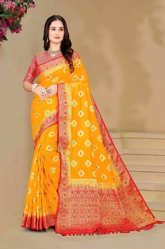 Yellow Dola Art Silk Saree with Zari & Thread Work and Red Contrast Border by Maharanga