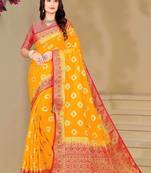Yellow Dola Art Silk Saree with Zari & Thread Work and Red Contrast Border by Maharanga