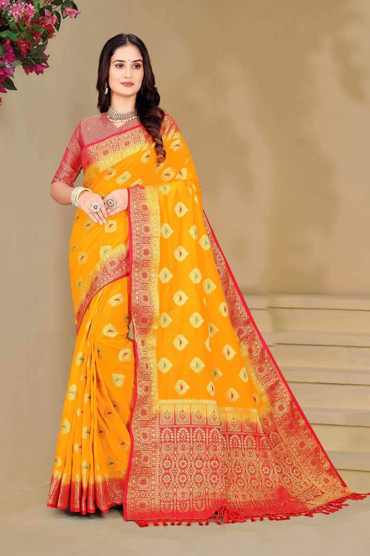 Yellow Dola Art Silk Saree with Zari & Thread Work and Red Contrast Border by Maharanga