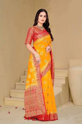 Yellow Dola Art Silk Saree with Zari & Thread Work and Red Contrast Border by Maharanga 2