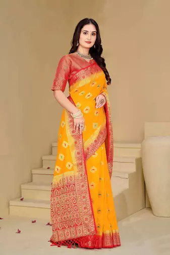 Yellow Dola Art Silk Saree with Zari & Thread Work and Red Contrast Border by Maharanga