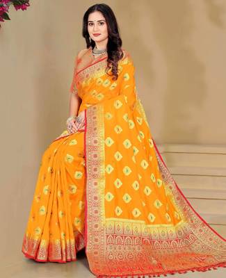 Yellow Dola Art Silk Saree with Zari & Thread Work and Red Contrast Border by Maharanga 3