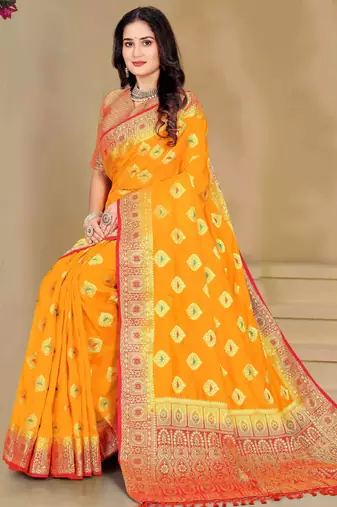 Yellow Dola Art Silk Saree with Zari & Thread Work and Red Contrast Border by Maharanga