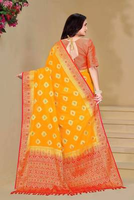 Yellow Dola Art Silk Saree with Zari & Thread Work and Red Contrast Border by Maharanga 4