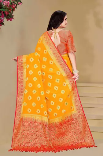 Yellow Dola Art Silk Saree with Zari & Thread Work and Red Contrast Border by Maharanga