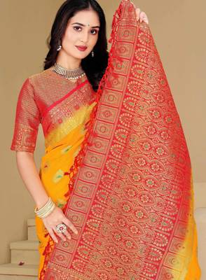 Yellow Dola Art Silk Saree with Zari & Thread Work and Red Contrast Border by Maharanga 5