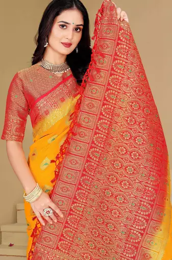 Yellow Dola Art Silk Saree with Zari & Thread Work and Red Contrast Border by Maharanga