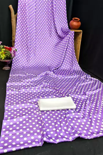Purple printed satin bridesmaid saree with blouse piece