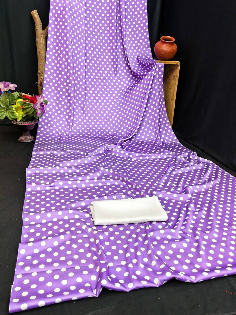 Purple printed satin saree with blouse piece