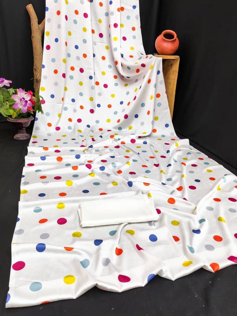 White printed satin saree with blouse piece