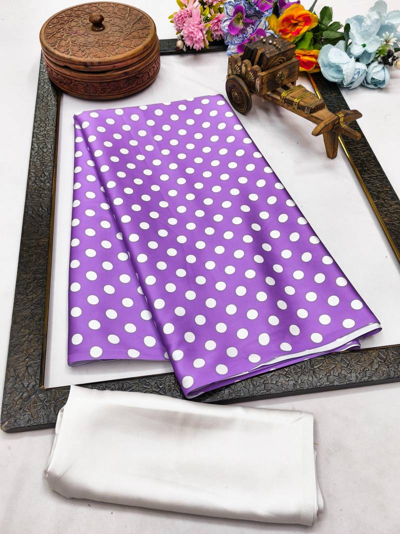 Purple printed satin saree with blouse piece