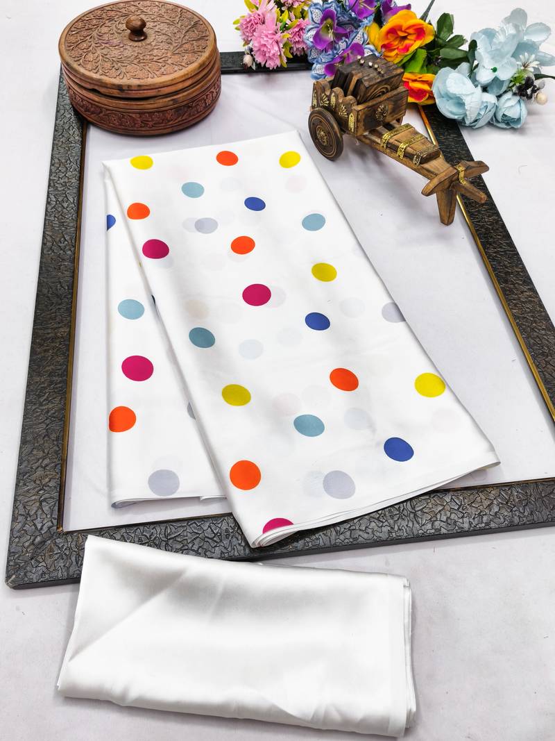 White printed satin saree with blouse piece