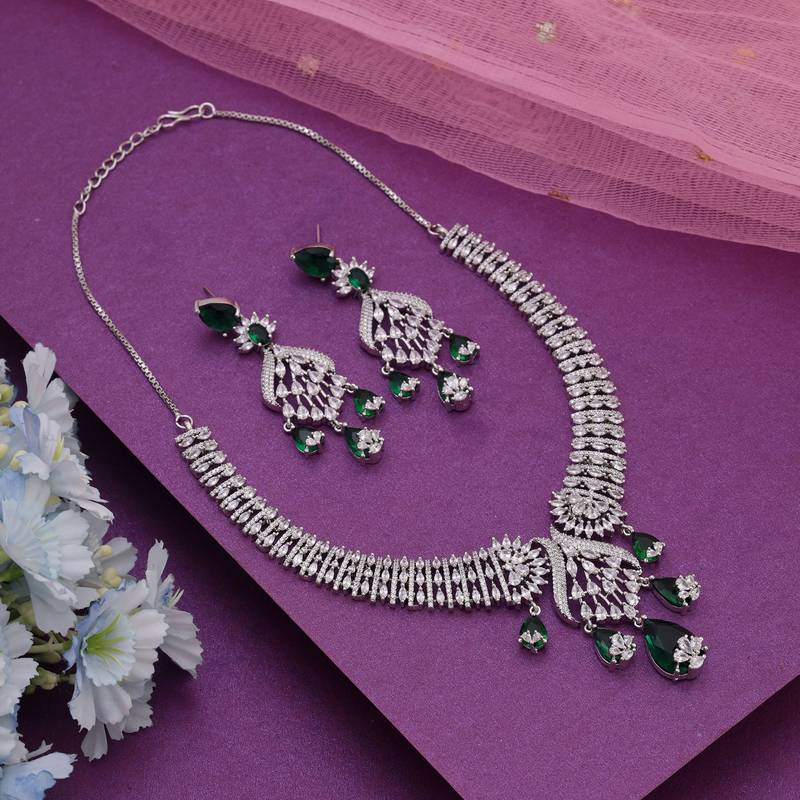 Green color american diamond necklace set