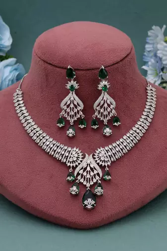 Green color american diamond necklace set