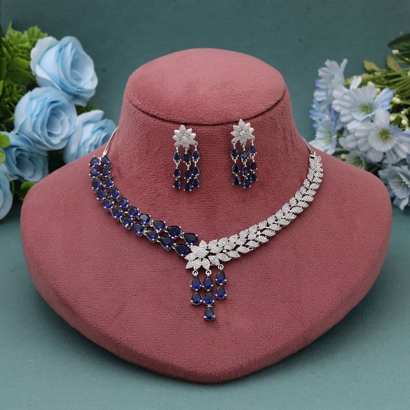 Blue color american diamond necklace set
