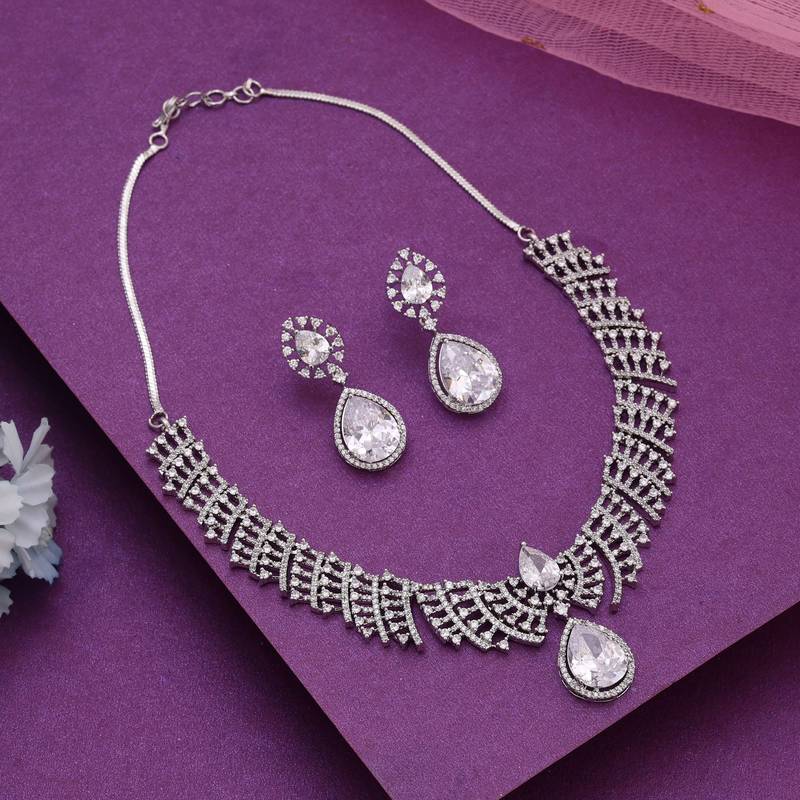 Silver color american diamond necklace set