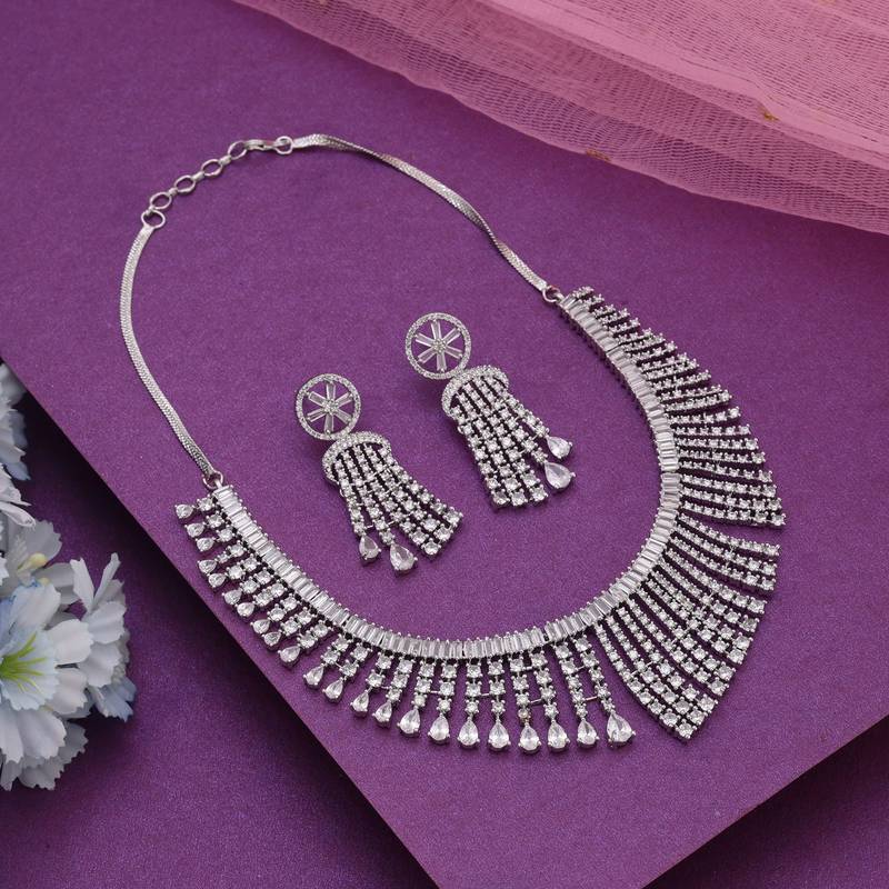 Silver color american diamond necklace set