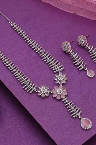 Pink color american diamond necklace set