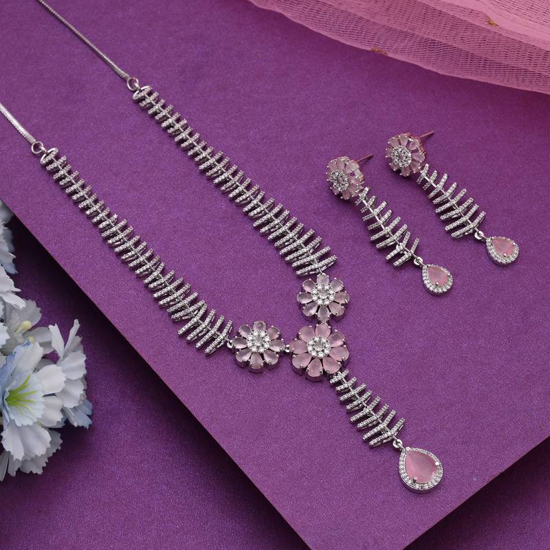 Pink color american diamond necklace set