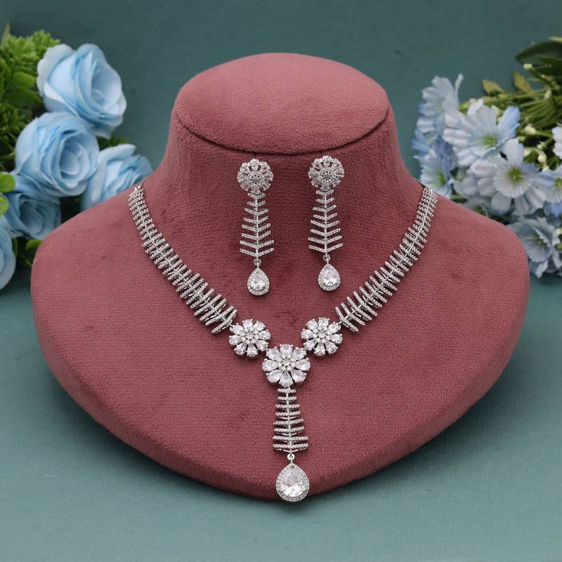Silver color american diamond necklace set