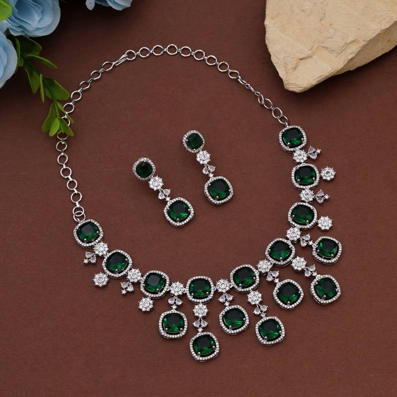 Green color american diamond necklace set