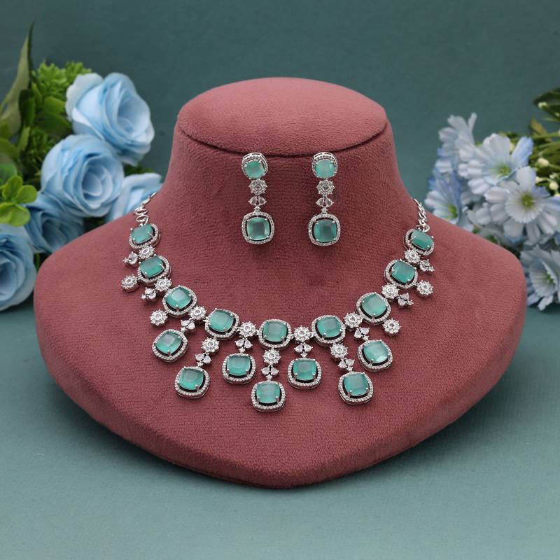 Pista green color american diamond necklace set