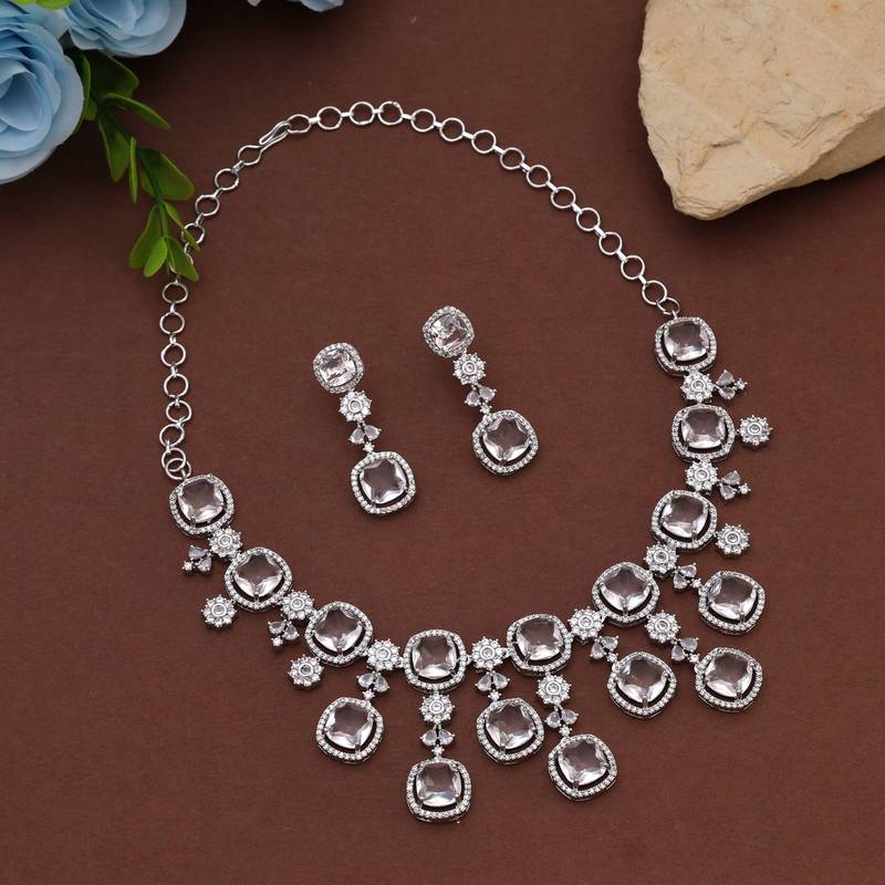 Silver color american diamond necklace set