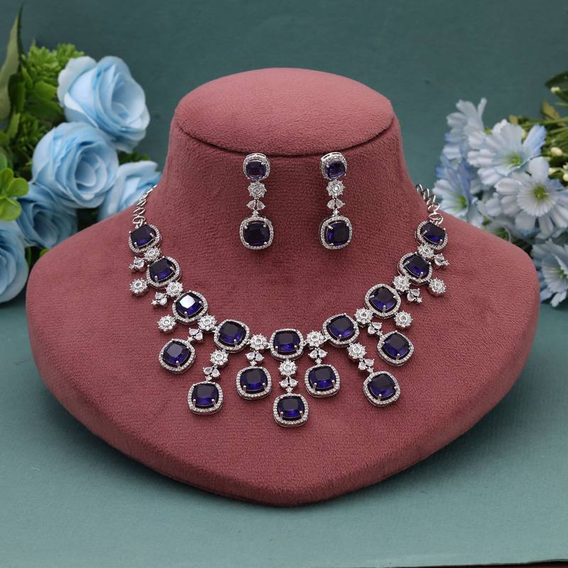 Purple color american diamond necklace set