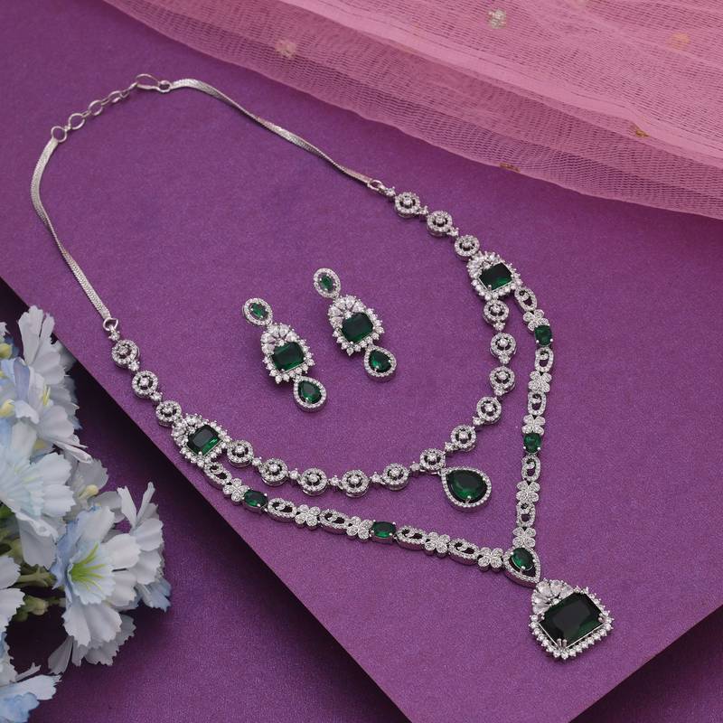 Green color american diamond necklace set