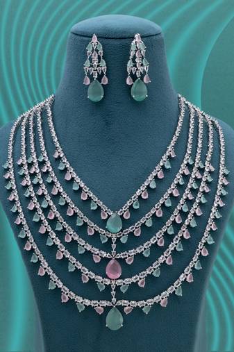 Pink & pista green color american diamond necklace set