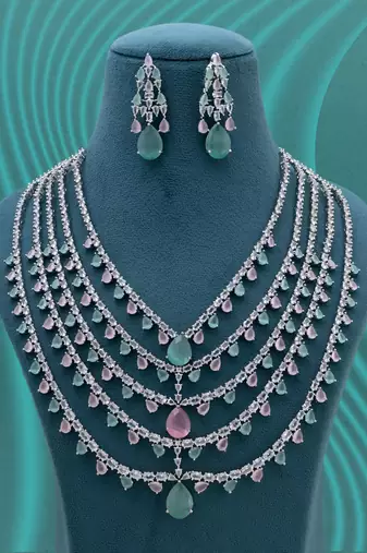 Pink & pista green color american diamond necklace set