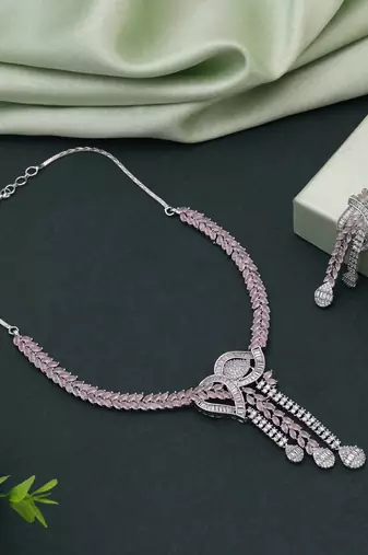 Pink color american diamond necklace set