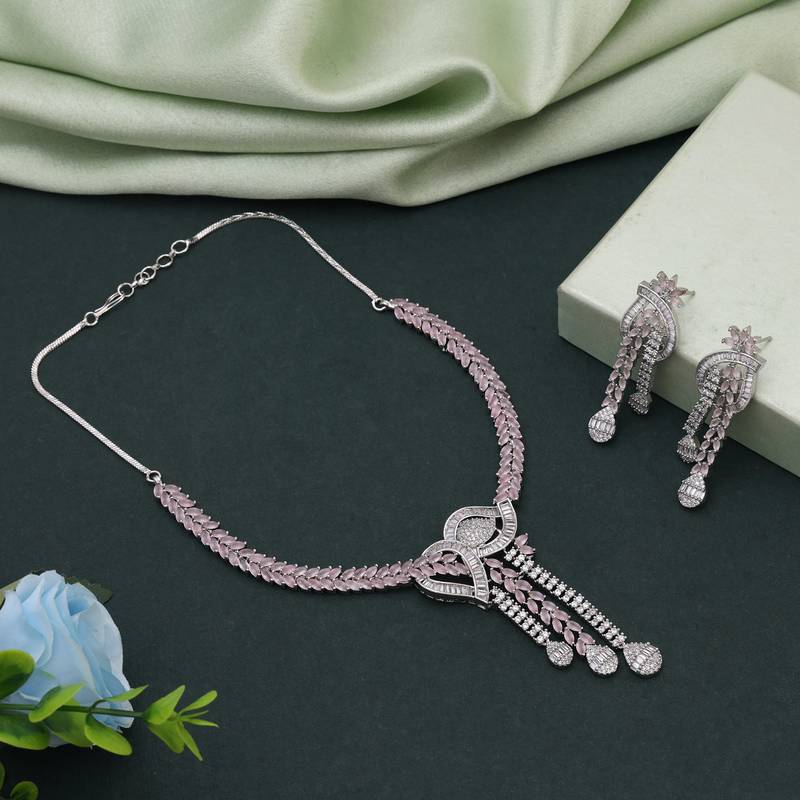 Pink color american diamond necklace set