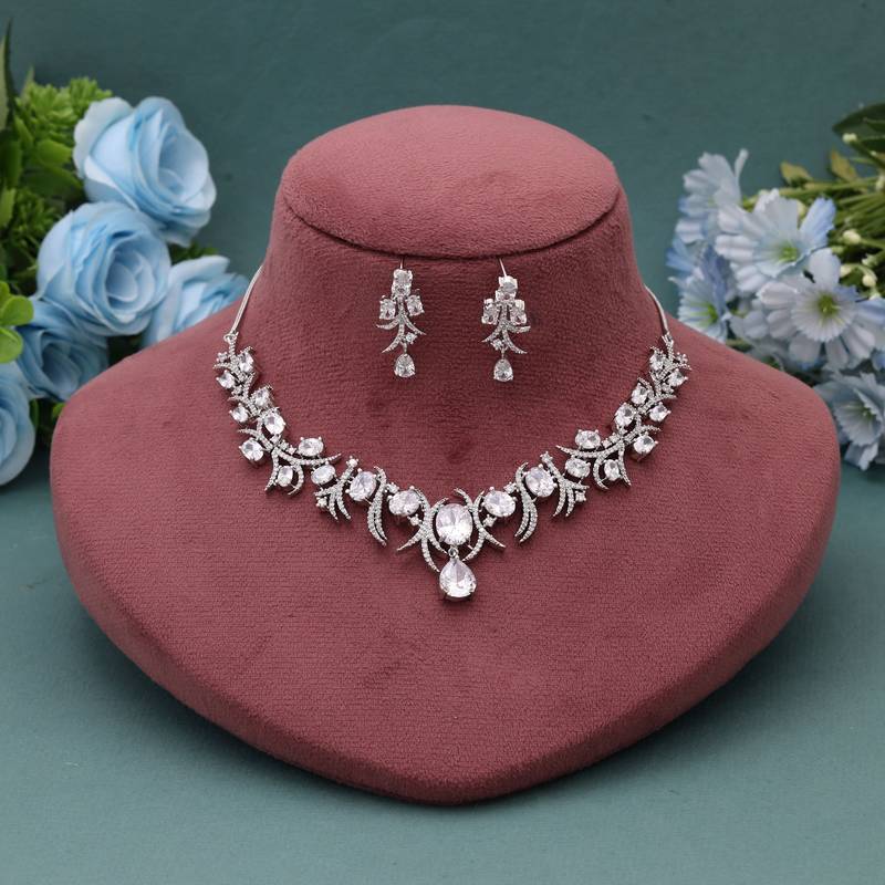 Silver color american diamond necklace set