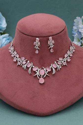 Pink color american diamond necklace set
