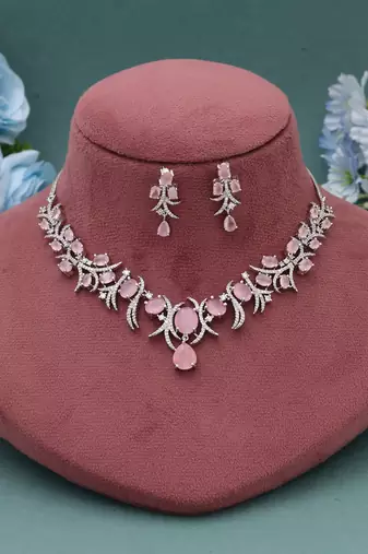 Pink color american diamond necklace set
