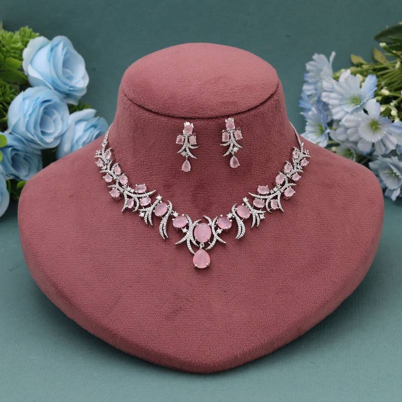 Pink color american diamond necklace set